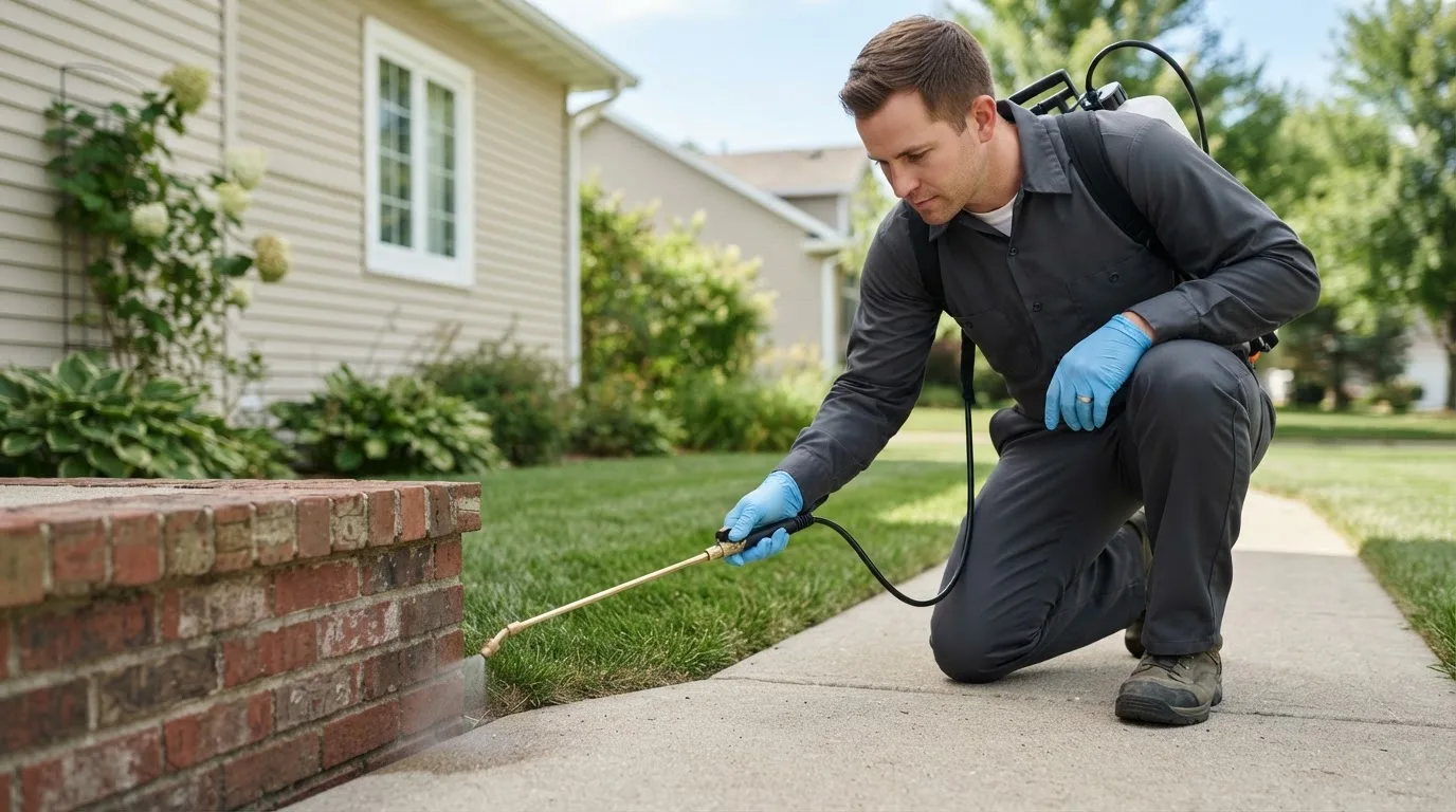 Pest control technician treating a home near Alba, PA